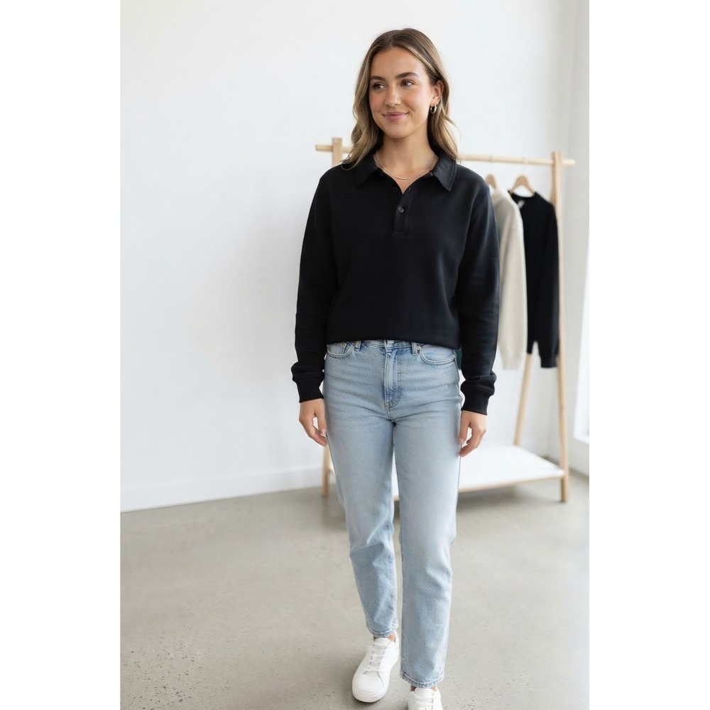 Mondetta Womens Black Long Sleeve Polo Sweatshirt Size S Recycled Blend